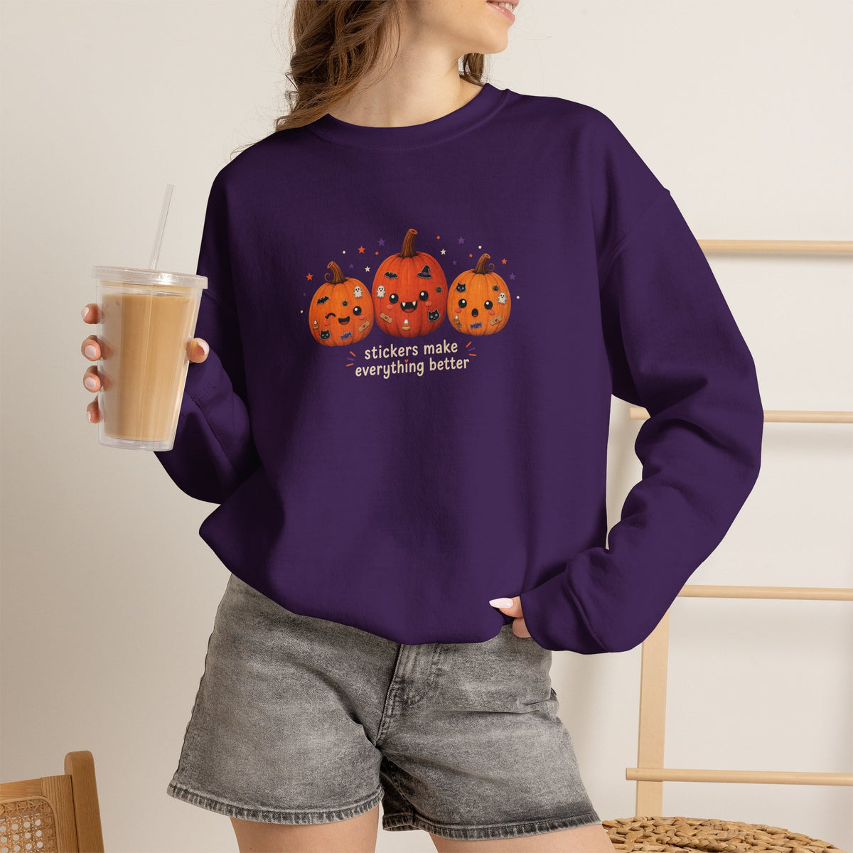 Pumpkin Trio Sweatshirt - 'Stickers Make Everything Better' Halloween Fun
