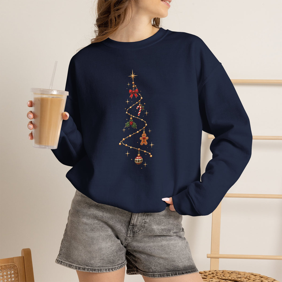 Christmas Tree Sweatshirt - Glowing Garland Minimalist Ornaments
