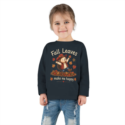 Toddler Long Sleeve Tee — "Fall Leaves Make Me Happy" Cute Autumn Hedgehog