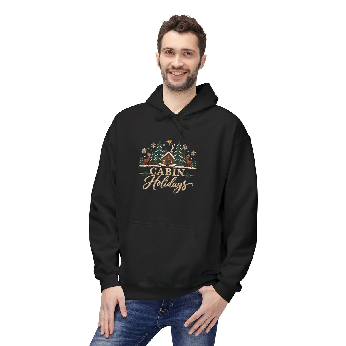 Cabin Holidays Midweight Fleece Hoodie - Faux-Embroidery, S - 5XL