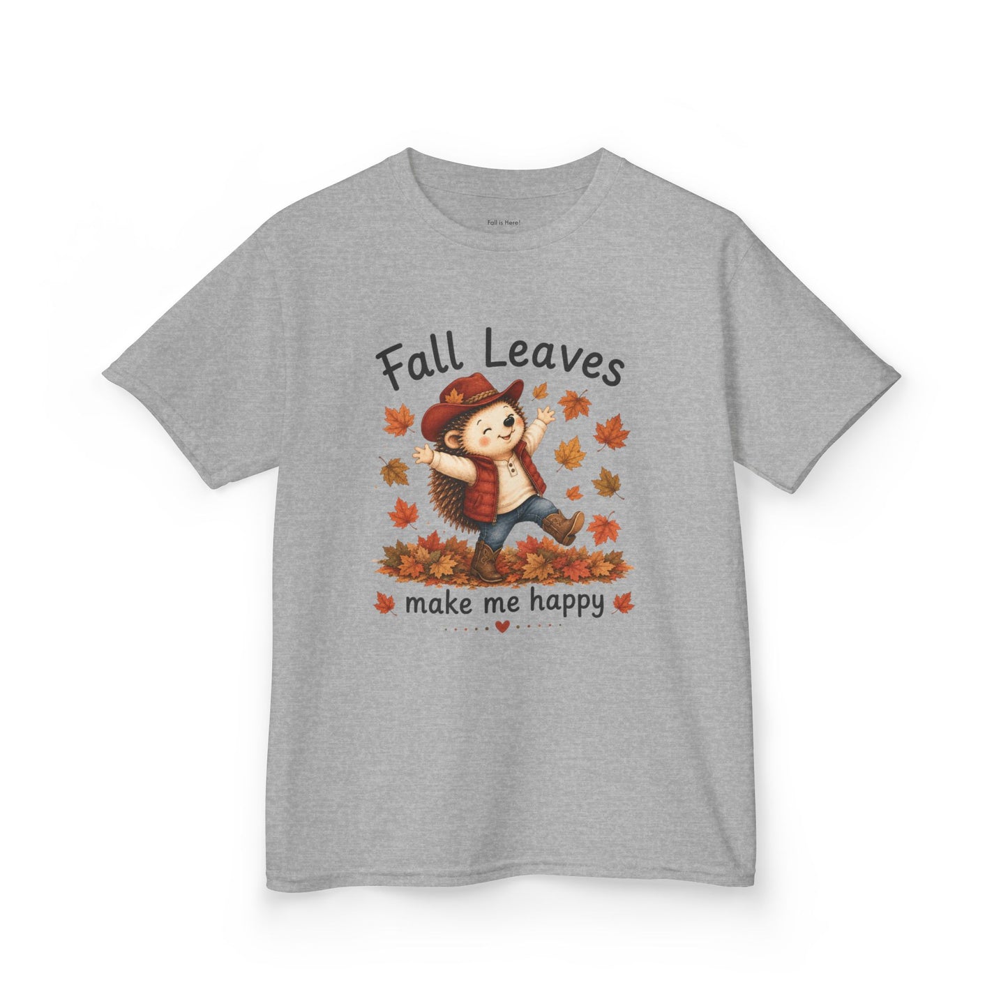 Kids T‑Shirt — 'Fall Leaves Make Me Happy' Cute Autumn Hedgehog Tee
