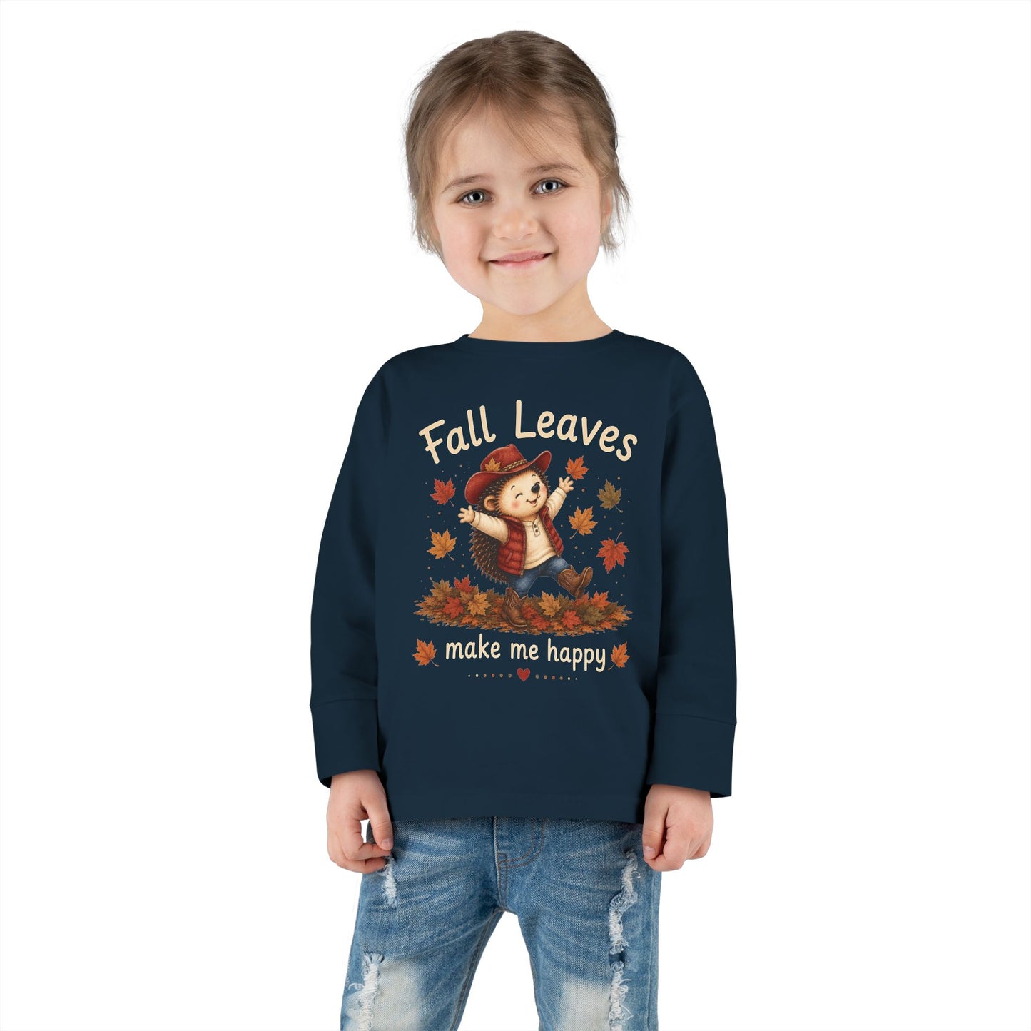 Toddler Long Sleeve Tee — "Fall Leaves Make Me Happy" Cute Autumn Hedgehog