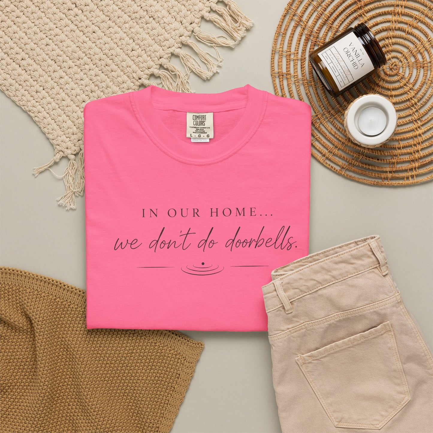 T-Shirt — "In Our Home We Don’t Do Doorbells" Minimalist Family Tee