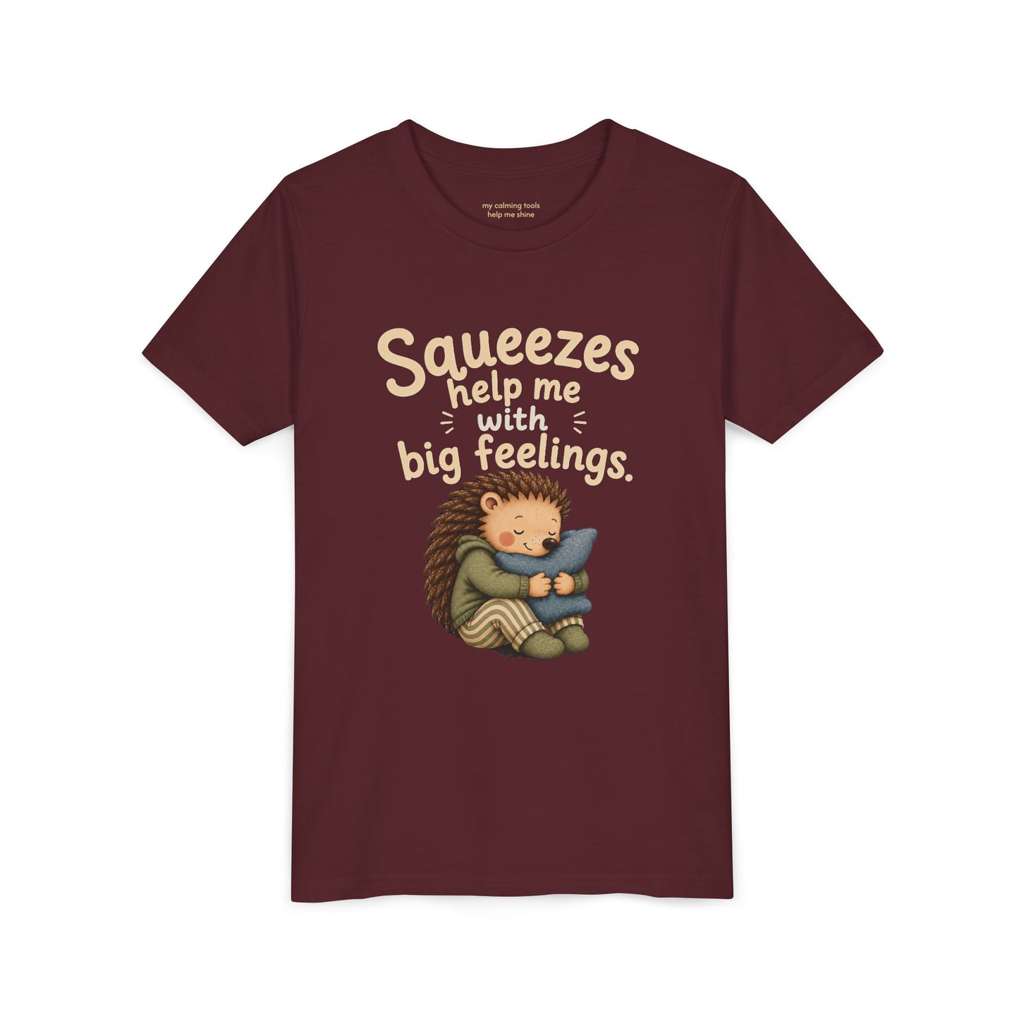 Youth Tee — "Squeezes help me with big feelings" Cute Hedgehog Emotional Support Shirt