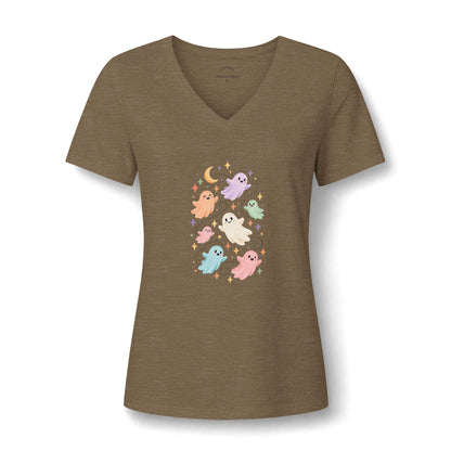 Women's V-Neck Tee — Cute Pastel Ghosts Halloween Graphic