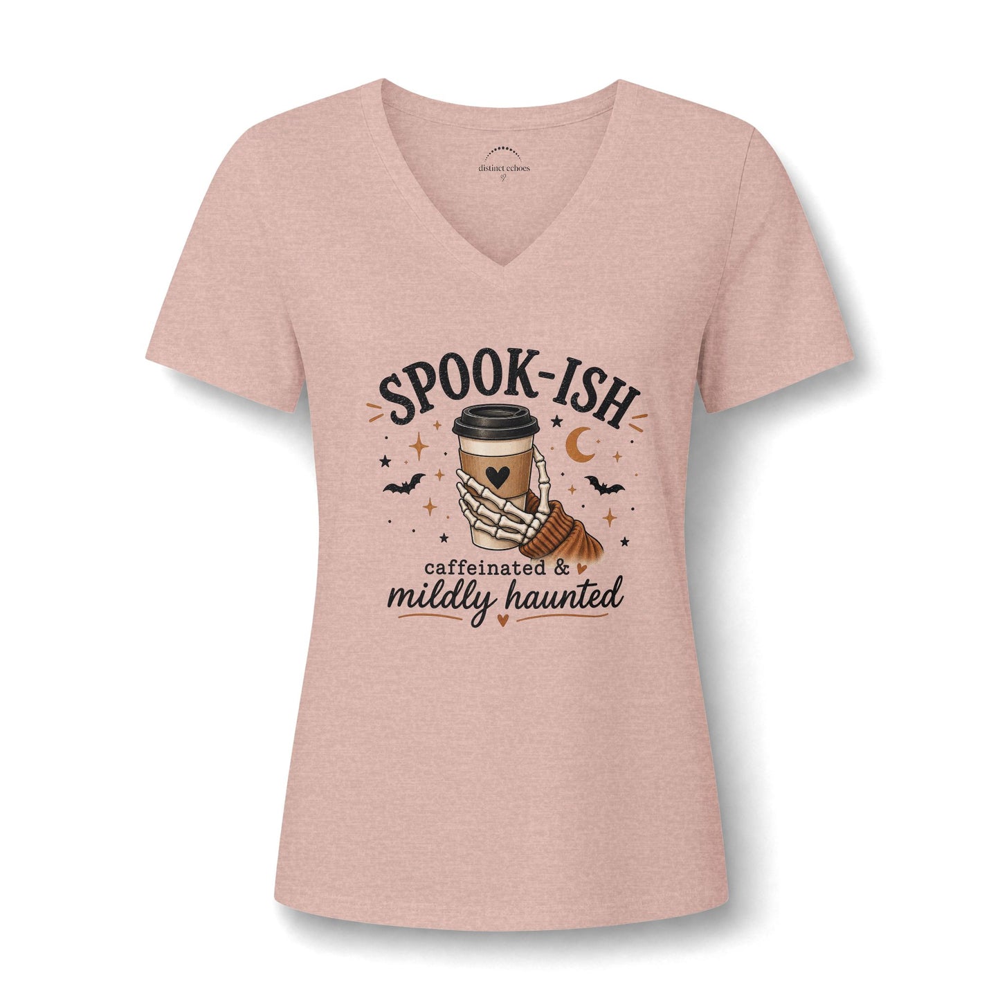 Spook-ish V‑Neck Tee — "Caffeinated & Mildly Haunted" Halloween Coffee Shirt