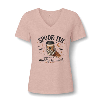 Spook-ish V‑Neck Tee — "Caffeinated & Mildly Haunted" Halloween Coffee Shirt
