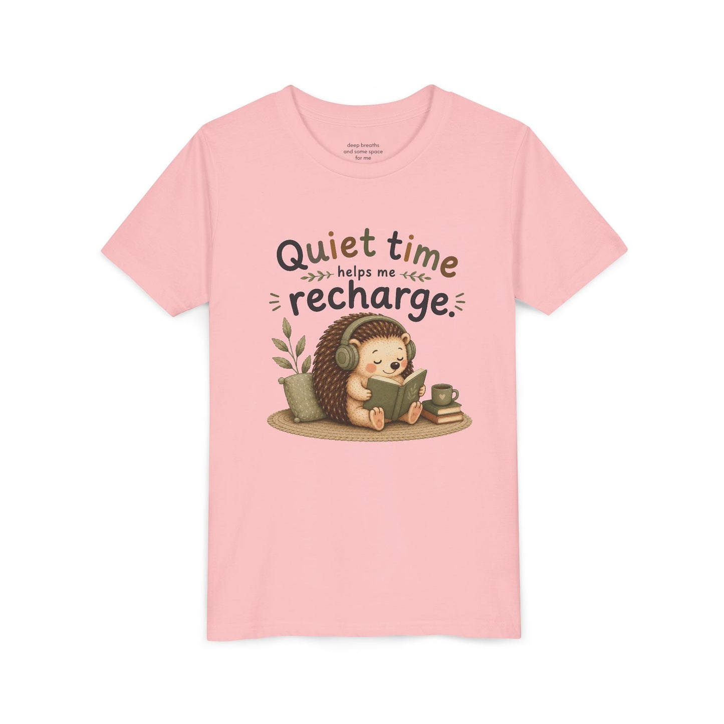 Youth Tee — "Quiet Time Helps Me Recharge" Cute Reading Hedgehog Kids Shirt