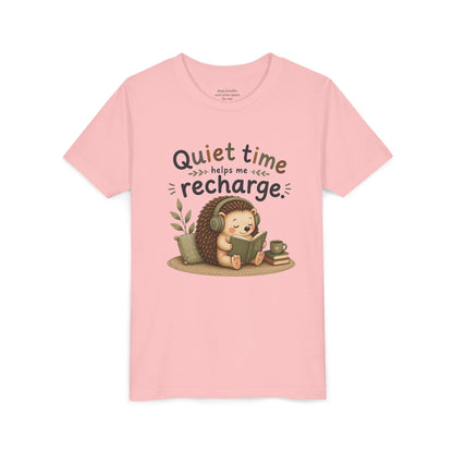 Youth Tee — "Quiet Time Helps Me Recharge" Cute Reading Hedgehog Kids Shirt