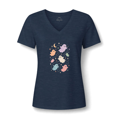 Women's V-Neck Tee — Cute Pastel Ghosts Halloween Graphic