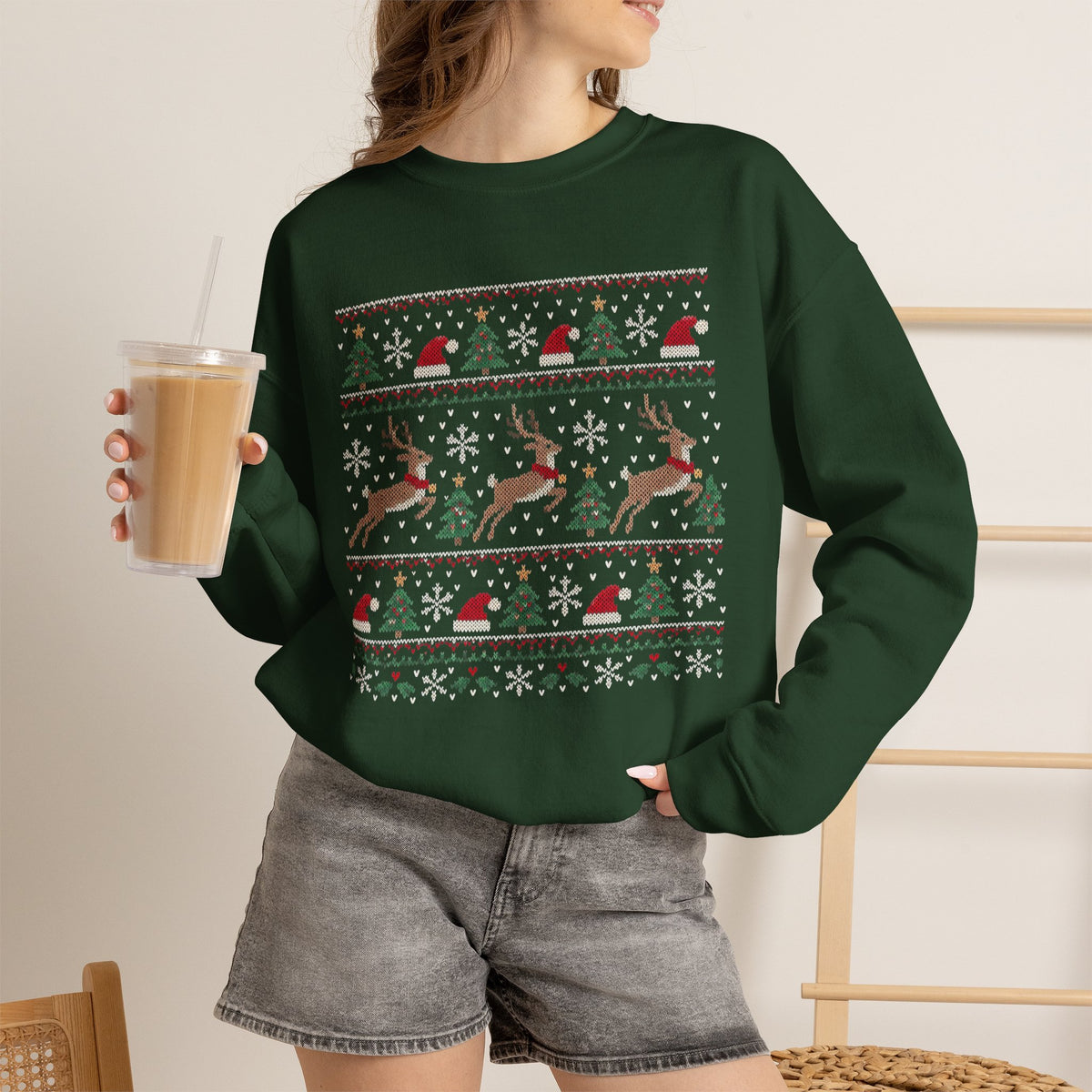 Festive Reindeer Faux-Knit Christmas Crewneck Sweatshirt