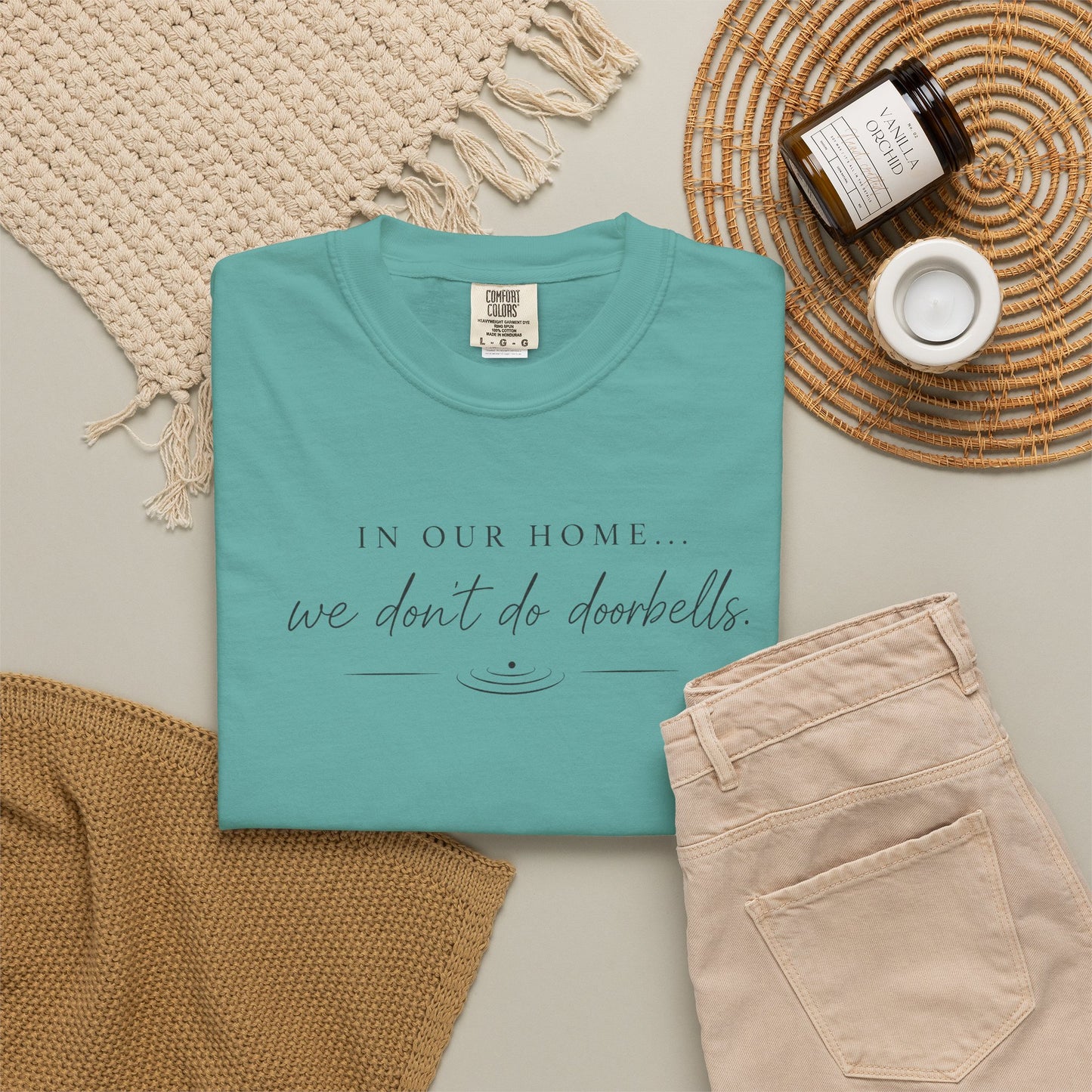 T-Shirt — "In Our Home We Don’t Do Doorbells" Minimalist Family Tee