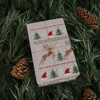 Christmas Wrapping Paper with Reindeer, Trees, Santa Hats & Snowflakes 30"x 36"