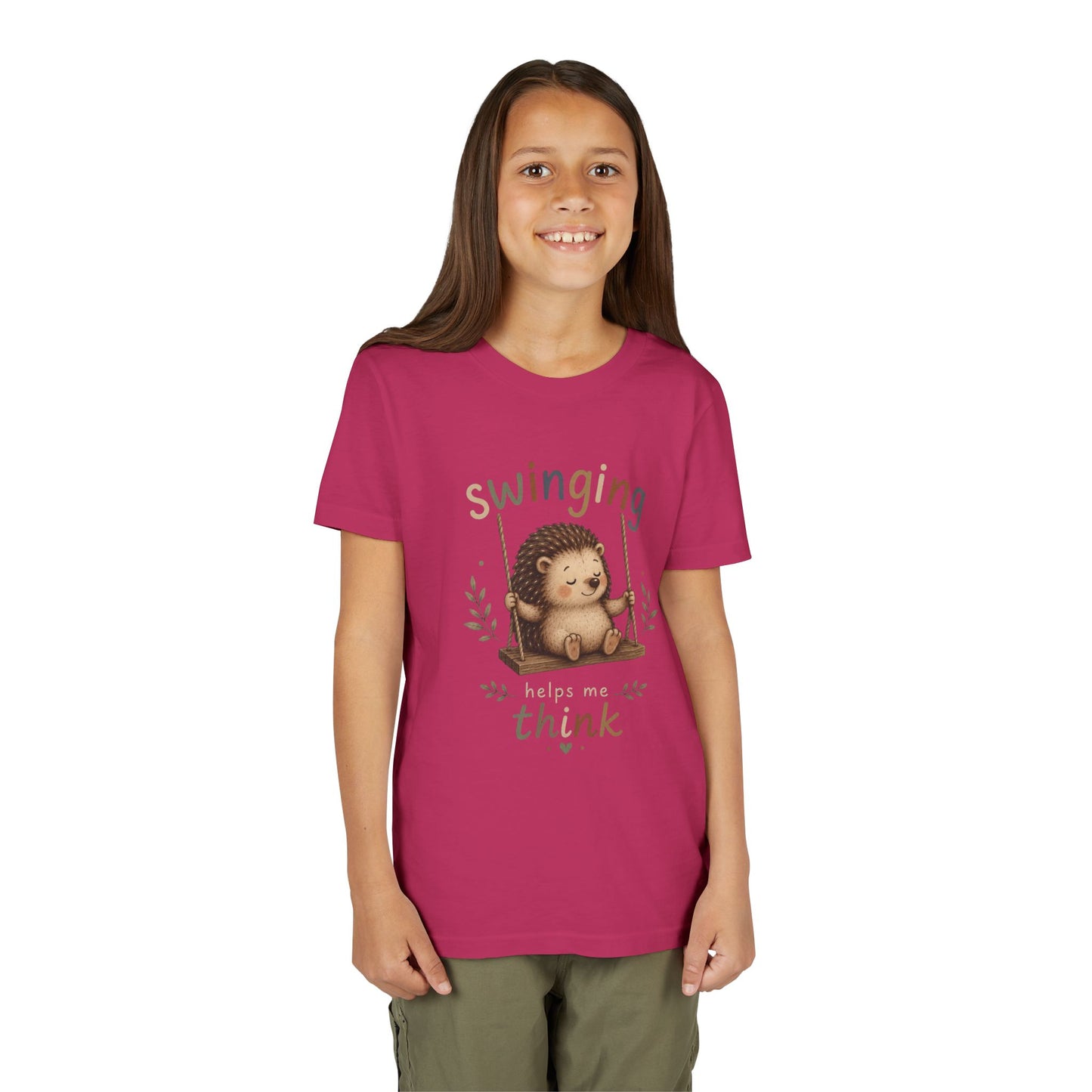 Hedgehog Swing Youth Tee – “Swinging Helps Me Think” Cute Kids Graphic T-Shirt