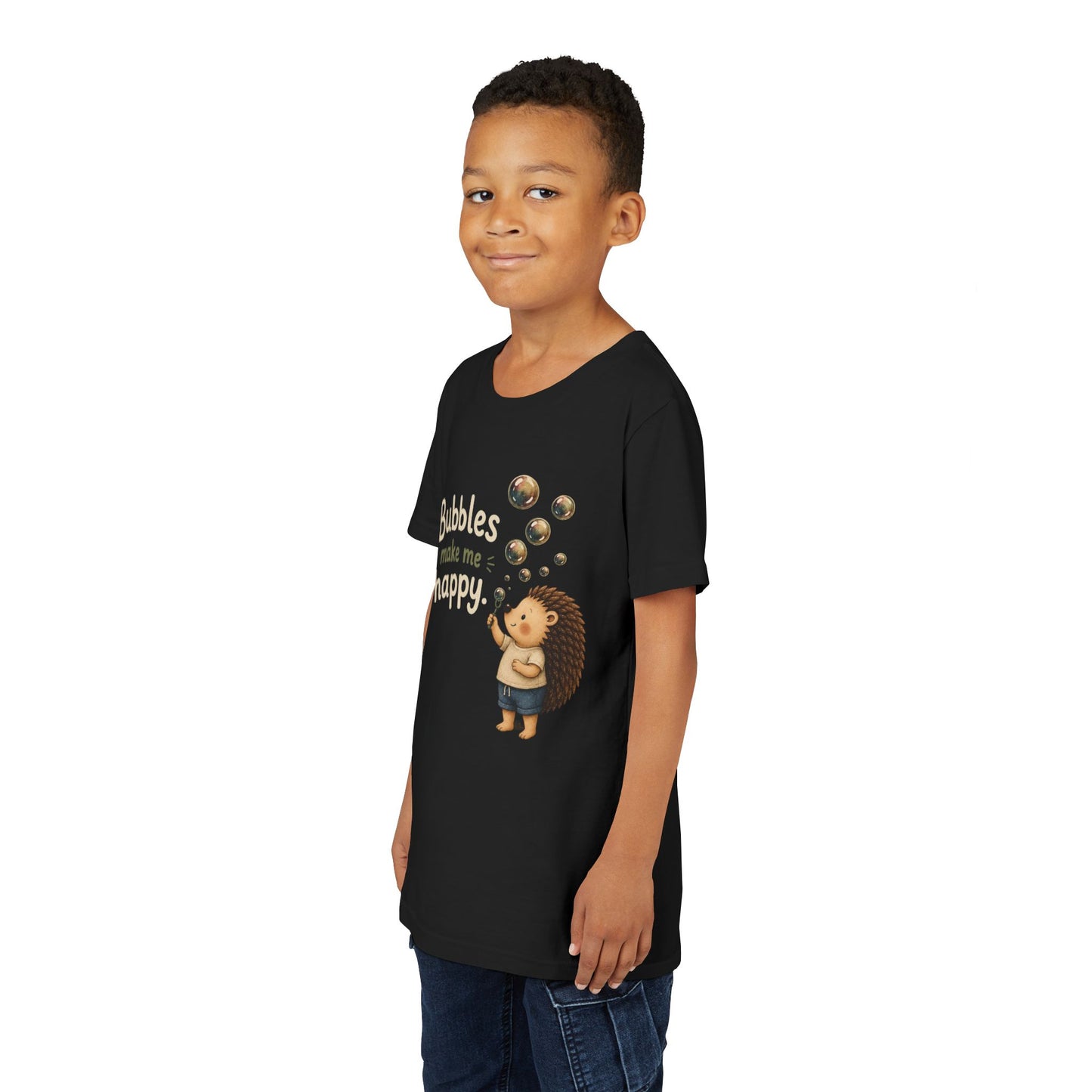 Youth Tee — "Bubbles Make Me Happy" Hedgehog Bubble-Blowing Kids Shirt
