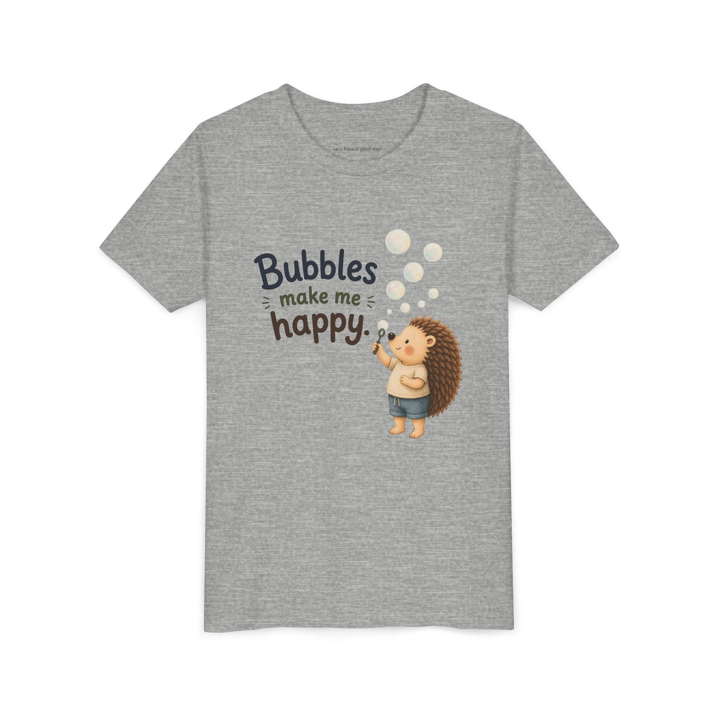 Youth Tee — "Bubbles Make Me Happy" Hedgehog Bubble-Blowing Kids Shirt