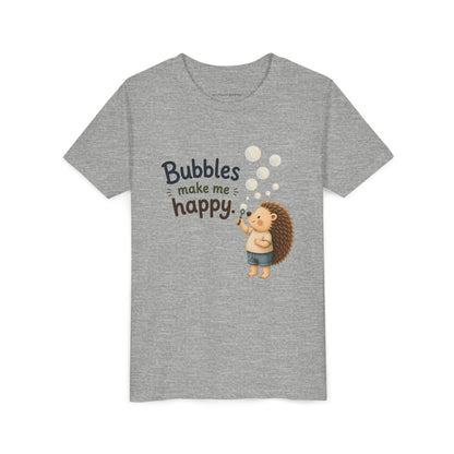 Youth Tee — "Bubbles Make Me Happy" Hedgehog Bubble-Blowing Kids Shirt