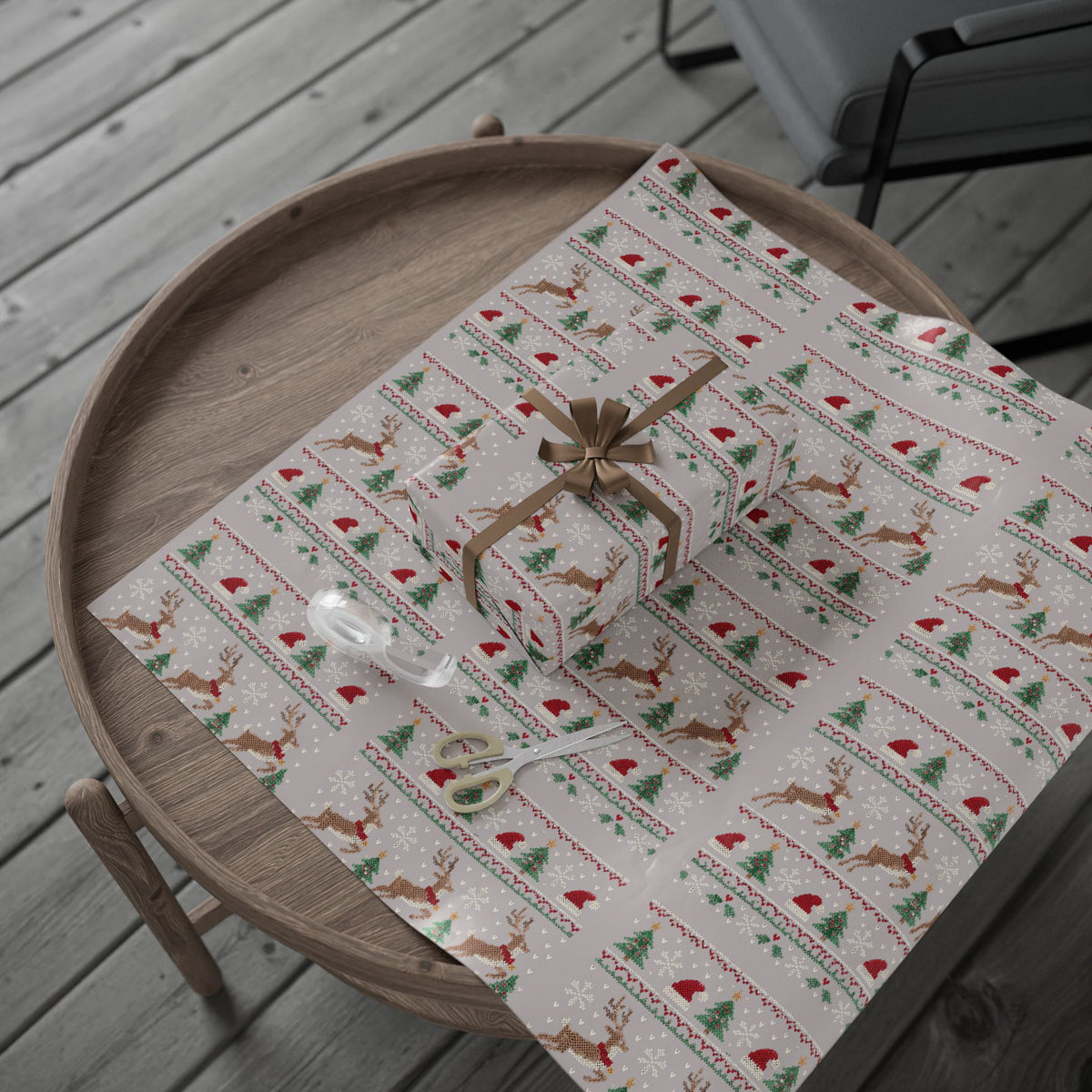 Christmas Wrapping Paper with Reindeer, Trees, Santa Hats & Snowflakes 30"x 36"