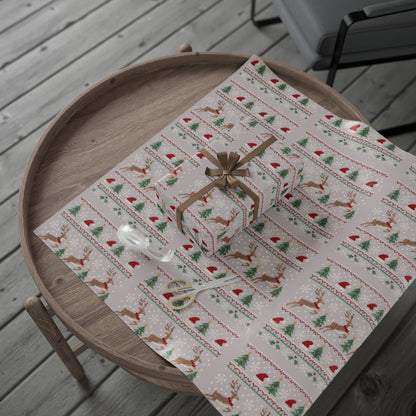 Christmas Wrapping Paper with Reindeer, Trees, Santa Hats & Snowflakes 30"x 36"