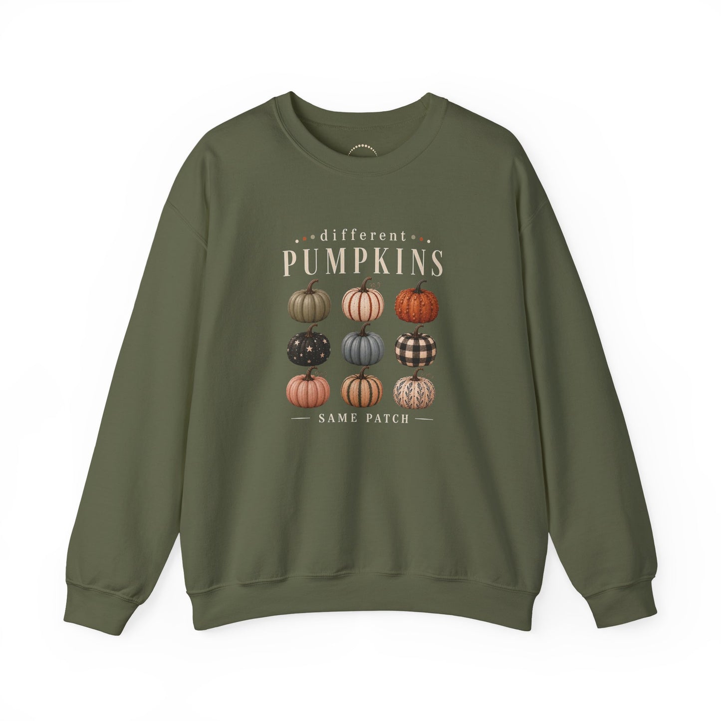 Crewneck Sweatshirt — 'Different Pumpkins, Same Patch' Fall Graphic Pullover
