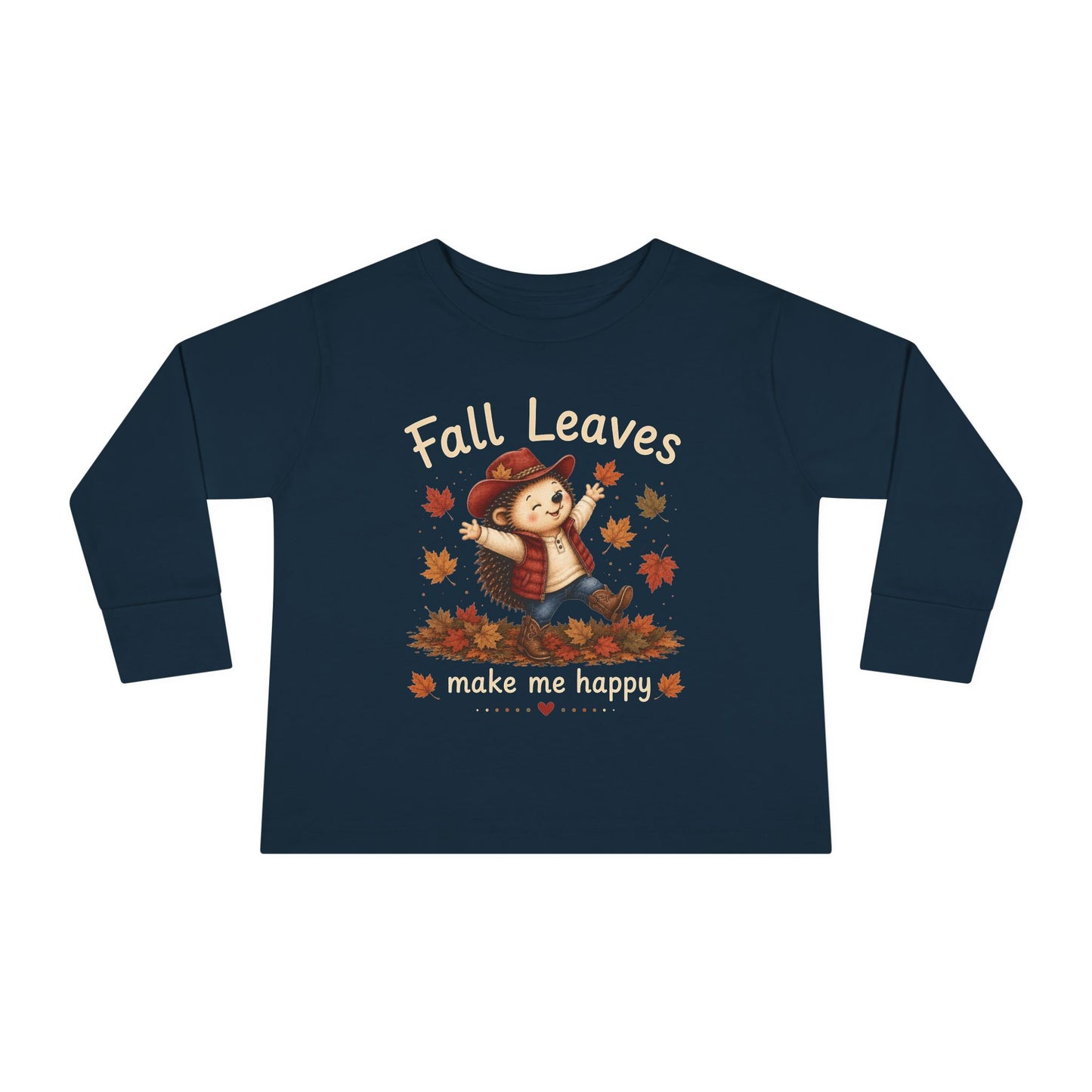 Toddler Long Sleeve Tee — "Fall Leaves Make Me Happy" Cute Autumn Hedgehog