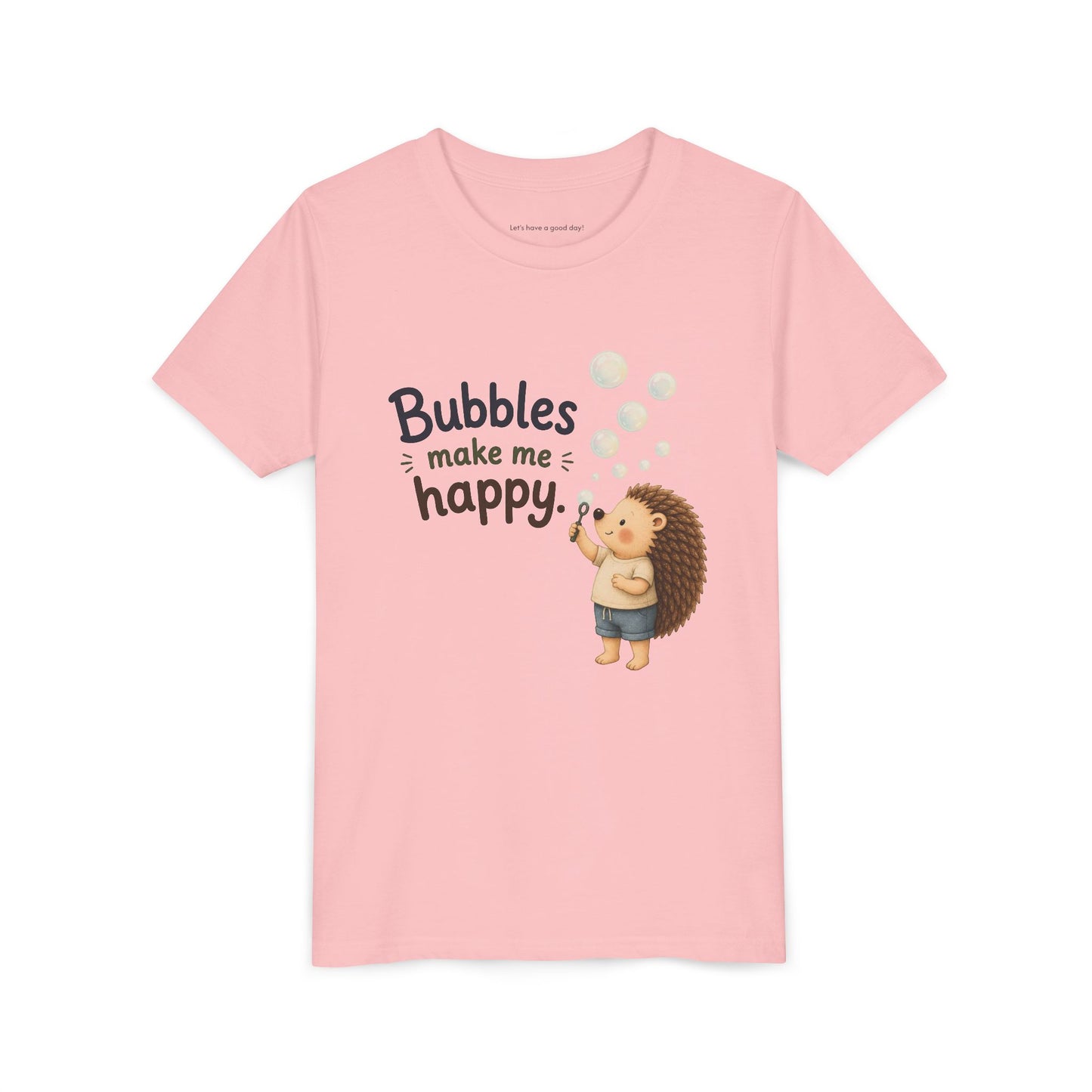 Youth Tee — "Bubbles Make Me Happy" Hedgehog Bubble-Blowing Kids Shirt
