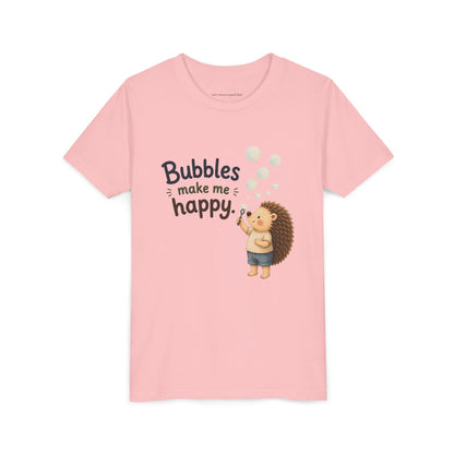 Youth Tee — "Bubbles Make Me Happy" Hedgehog Bubble-Blowing Kids Shirt