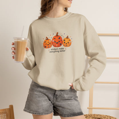 Pumpkin Trio Sweatshirt - 'Stickers Make Everything Better' Halloween Fun