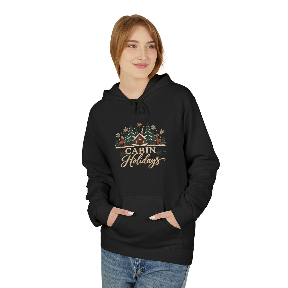 Cabin Holidays Midweight Fleece Hoodie - Faux-Embroidery, S - 5XL