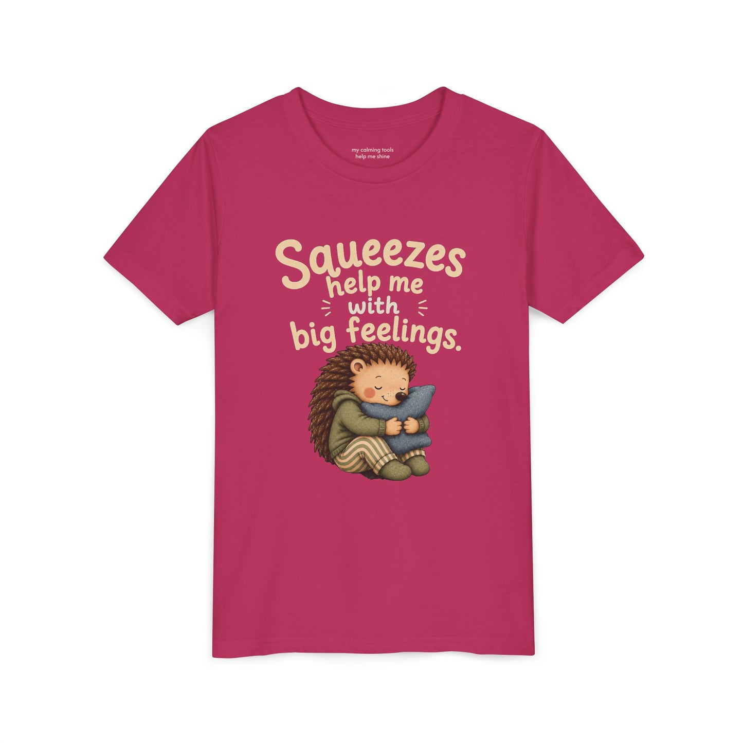Youth Tee — "Squeezes help me with big feelings" Cute Hedgehog Emotional Support Shirt