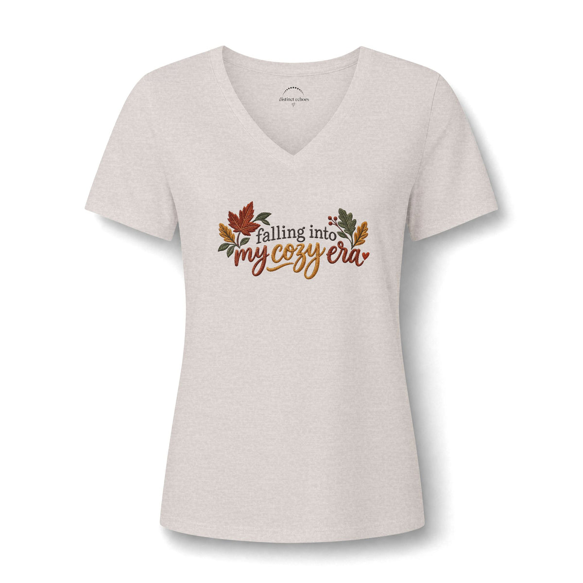Women's Fall V-Neck Tee - "Falling into My Cozy Era" Faux Embroidery