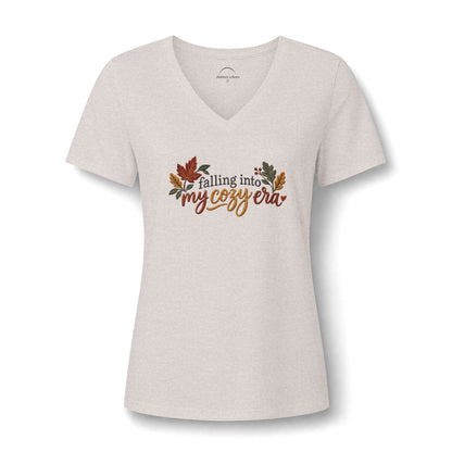 Women's Fall V-Neck Tee - "Falling into My Cozy Era" Faux Embroidery