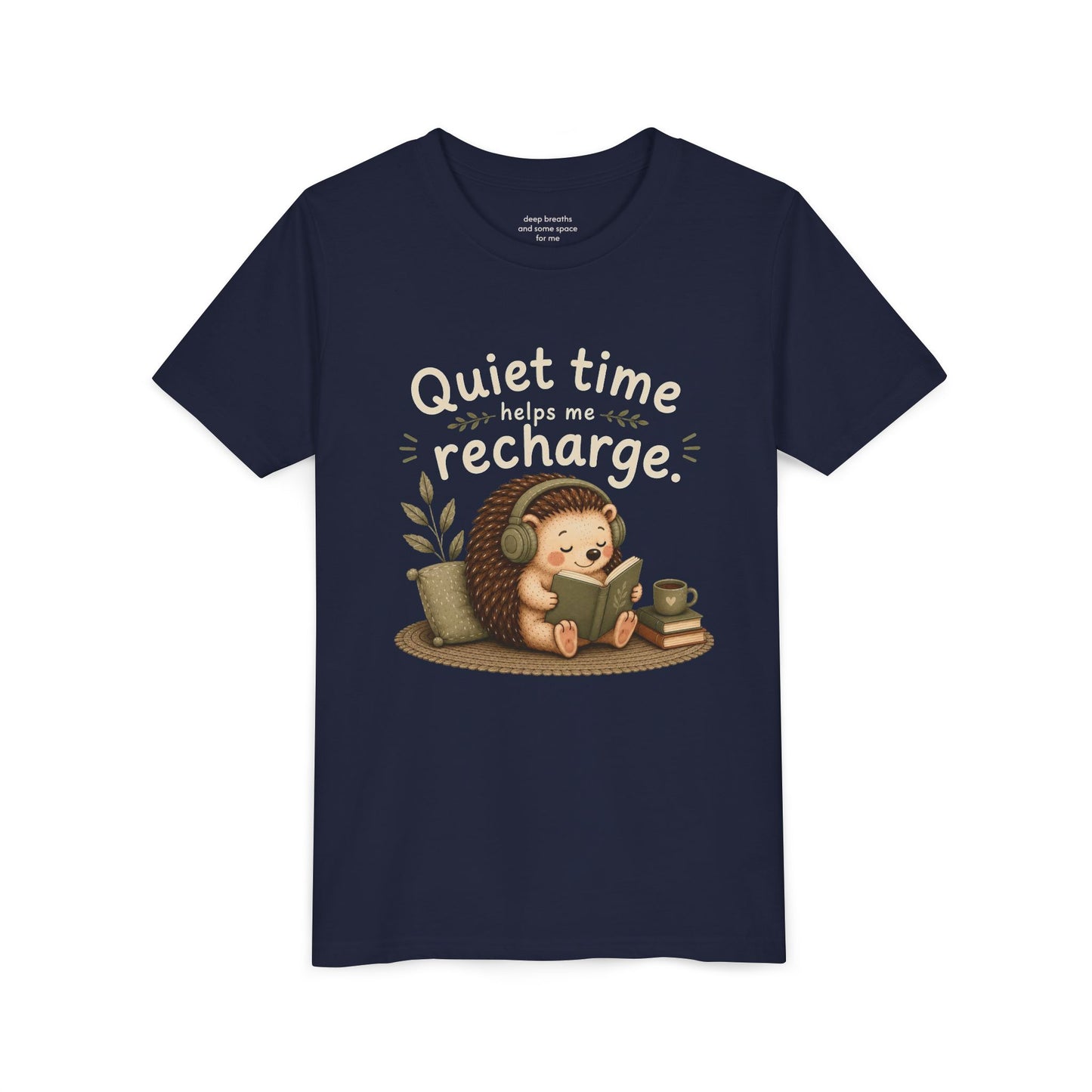 Youth Tee — "Quiet Time Helps Me Recharge" Cute Reading Hedgehog Kids Shirt