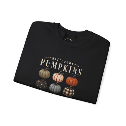 Crewneck Sweatshirt — 'Different Pumpkins, Same Patch' Fall Graphic Pullover