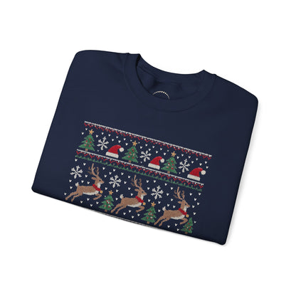 Festive Reindeer Faux-Knit Christmas Crewneck Sweatshirt