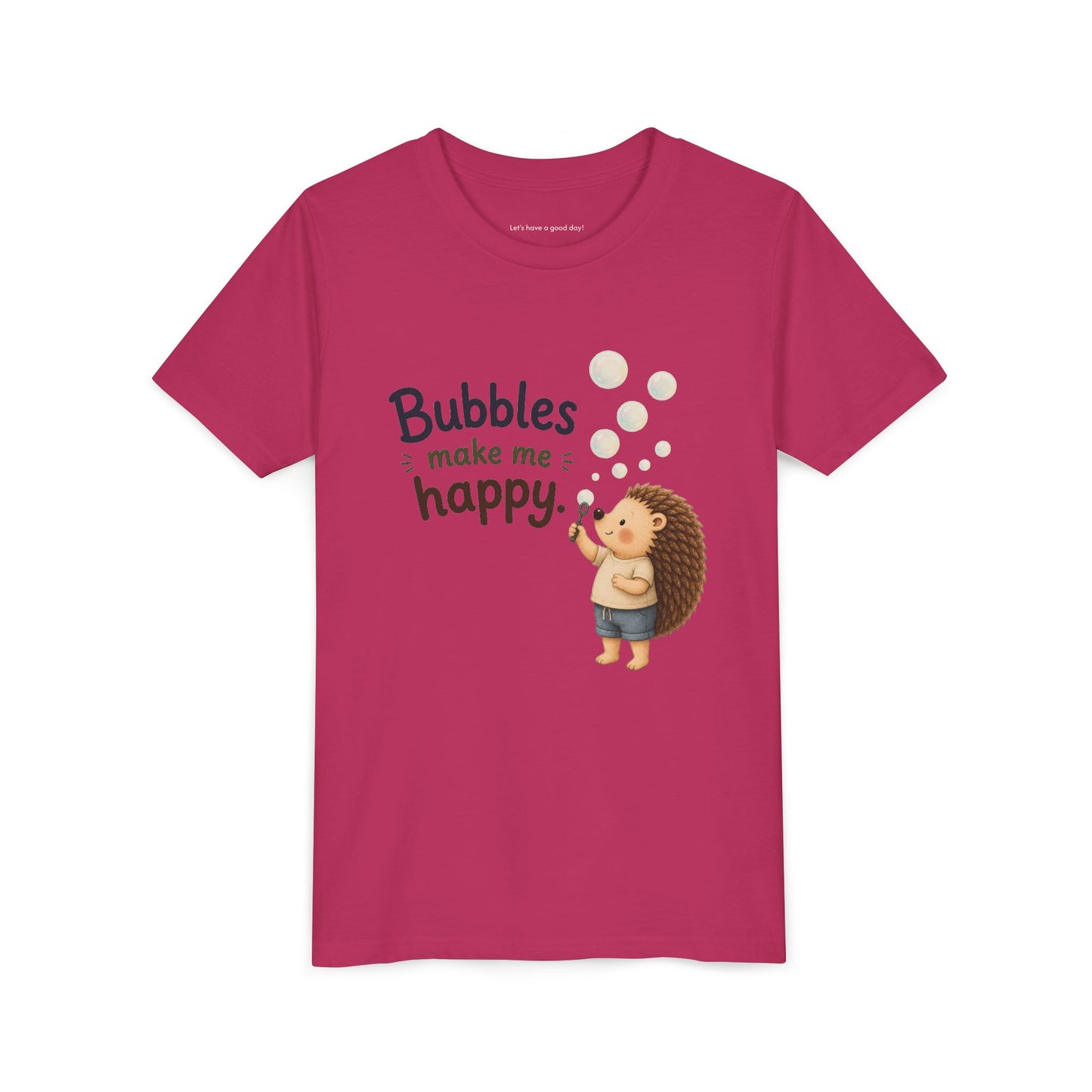 Youth Tee — "Bubbles Make Me Happy" Hedgehog Bubble-Blowing Kids Shirt