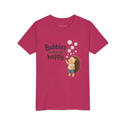 Youth Tee — "Bubbles Make Me Happy" Hedgehog Bubble-Blowing Kids Shirt