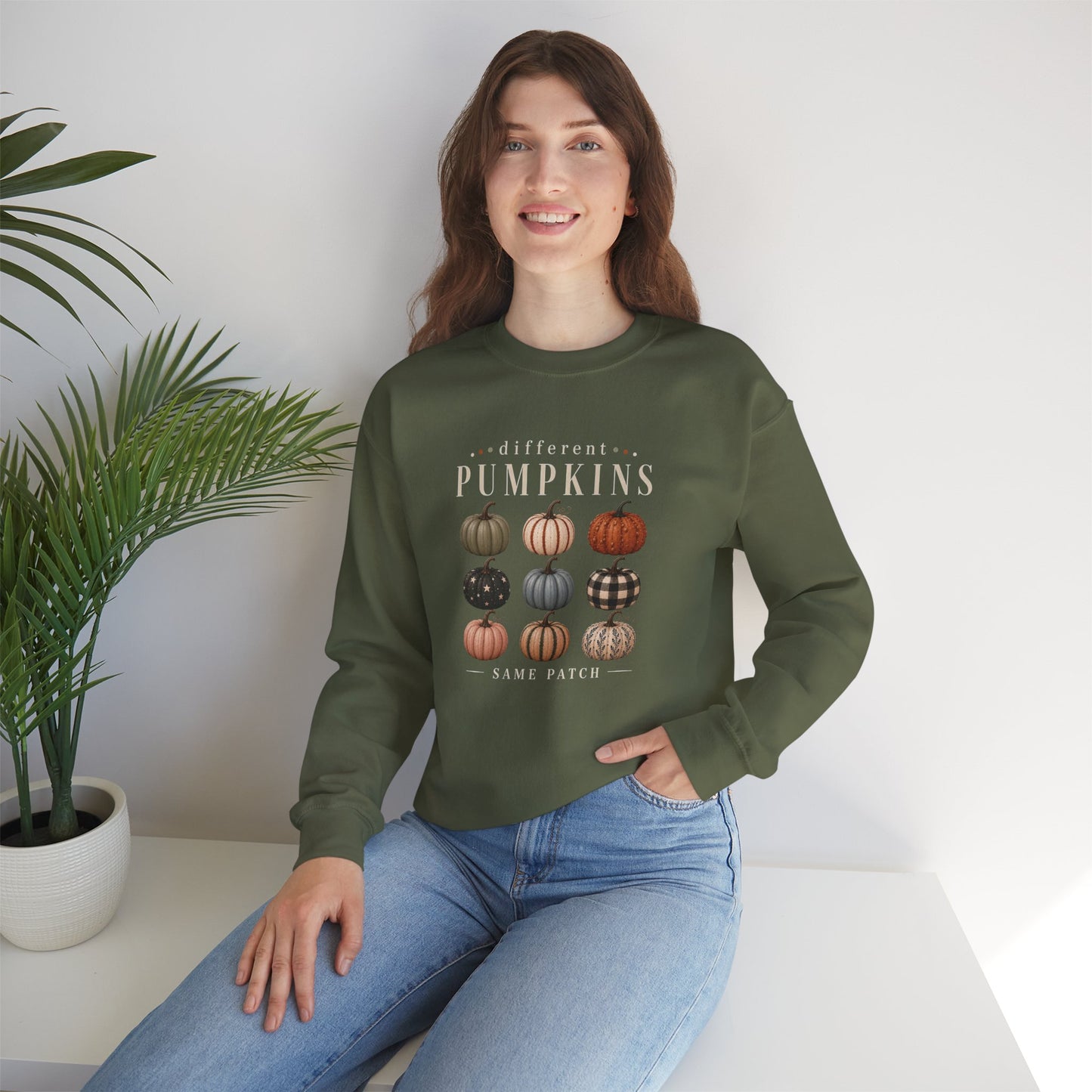 Crewneck Sweatshirt — 'Different Pumpkins, Same Patch' Fall Graphic Pullover