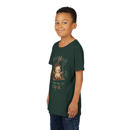 Hedgehog Swing Youth Tee – “Swinging Helps Me Think” Cute Kids Graphic T-Shirt