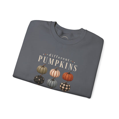 Crewneck Sweatshirt — 'Different Pumpkins, Same Patch' Fall Graphic Pullover