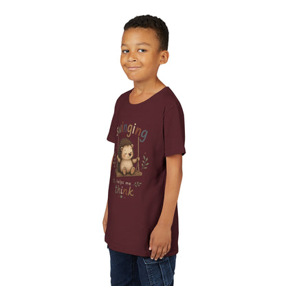 Hedgehog Swing Youth Tee – “Swinging Helps Me Think” Cute Kids Graphic T-Shirt