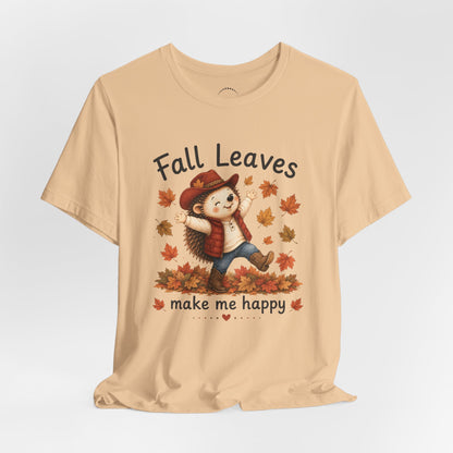 Fall Leaves Make Me Happy Tee — Cute Hedgehog Autumn Graphic T-Shirt