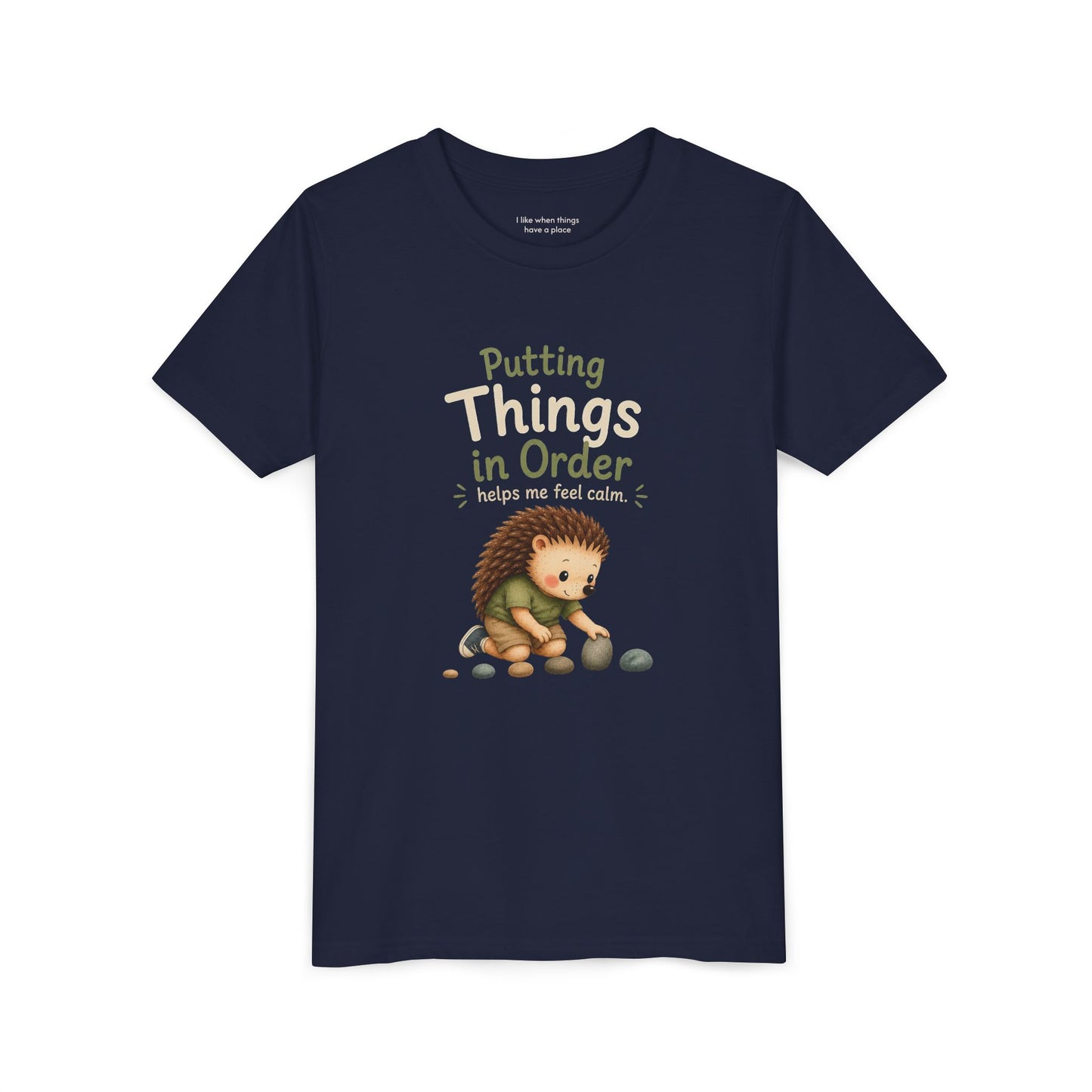 Youth Tee — "Putting Things in Order Helps Me Feel Calm" Cute Hedgehog Kids Shirt