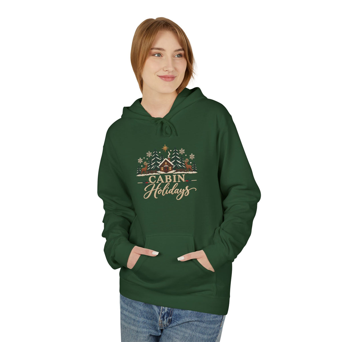 Cabin Holidays Midweight Fleece Hoodie - Faux-Embroidery, S - 5XL