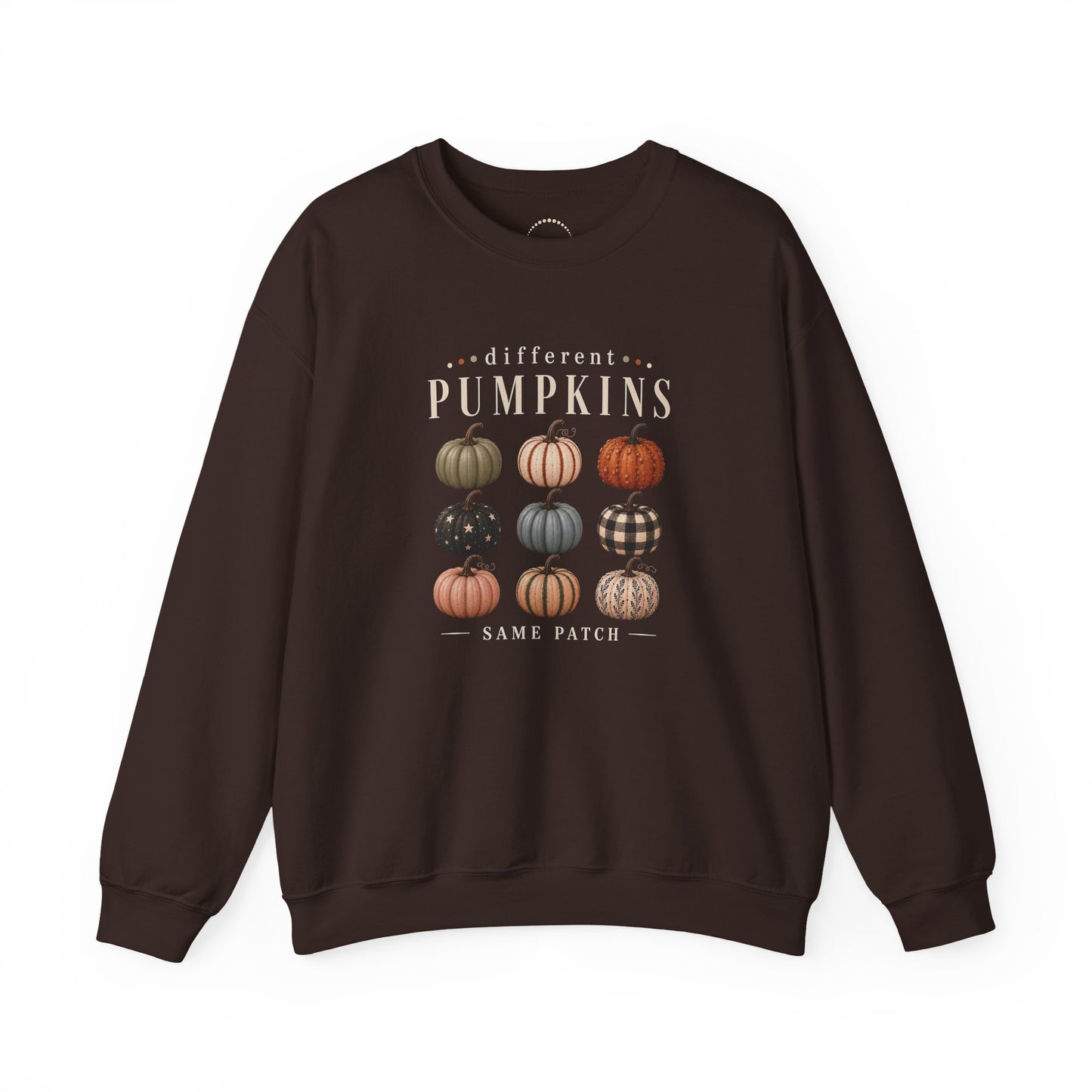 Crewneck Sweatshirt — 'Different Pumpkins, Same Patch' Fall Graphic Pullover