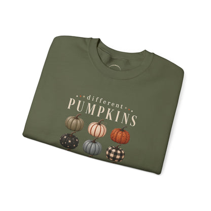 Crewneck Sweatshirt — 'Different Pumpkins, Same Patch' Fall Graphic Pullover