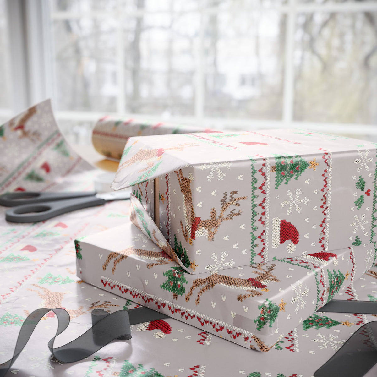 Christmas Wrapping Paper with Reindeer, Trees, Santa Hats & Snowflakes 30"x 36"