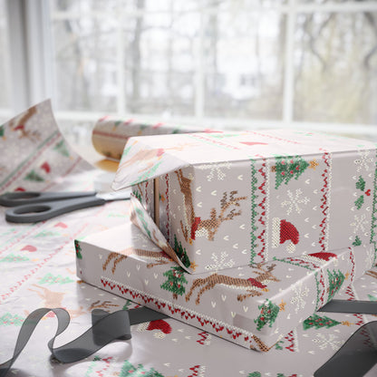 Christmas Wrapping Paper with Reindeer, Trees, Santa Hats & Snowflakes 30"x 36"