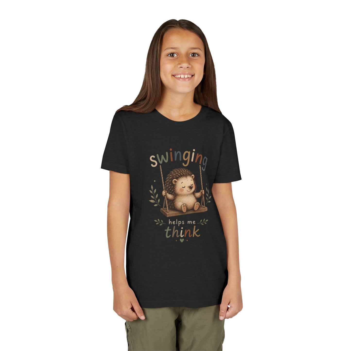 Hedgehog Swing Youth Tee – “Swinging Helps Me Think” Cute Kids Graphic T-Shirt
