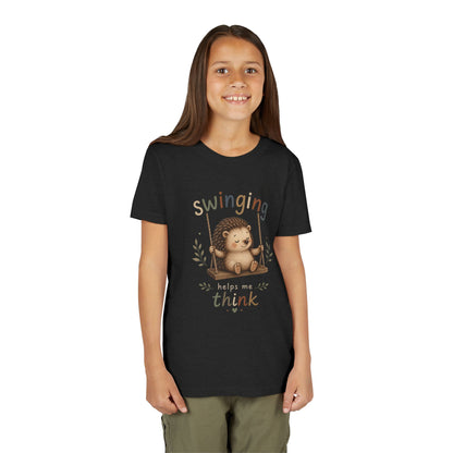 Hedgehog Swing Youth Tee – “Swinging Helps Me Think” Cute Kids Graphic T-Shirt